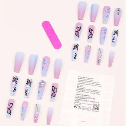 Instant Glam - Purple Butterfly - Long Coffin - 24Pcs + Tool